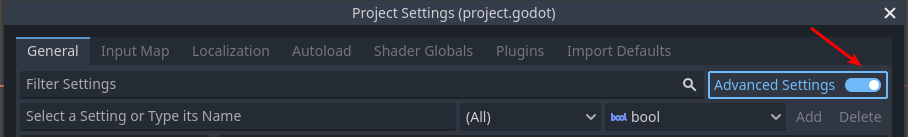 Screenshot of the advanced settings toggle in Project Settings
