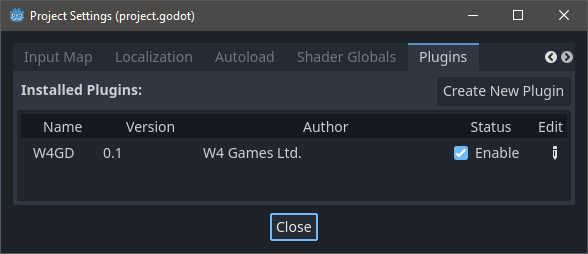 Screenshot of the Project Manager with the W4GD addon enabled